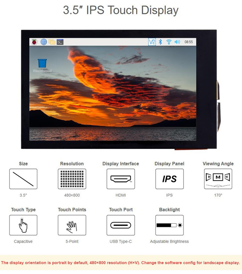 Pi Display - Pantalla LCD táctil capacitiva IPS de